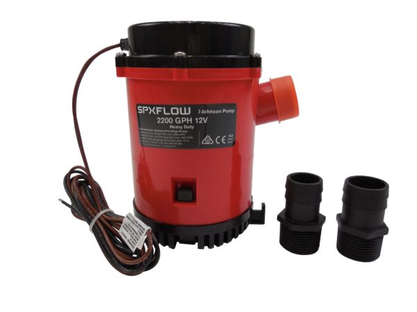 A red Sump Pump Johnson 2200 GPH 7.5amp with wires and hoses.