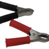 A pair of red and black battery clips on a white background.