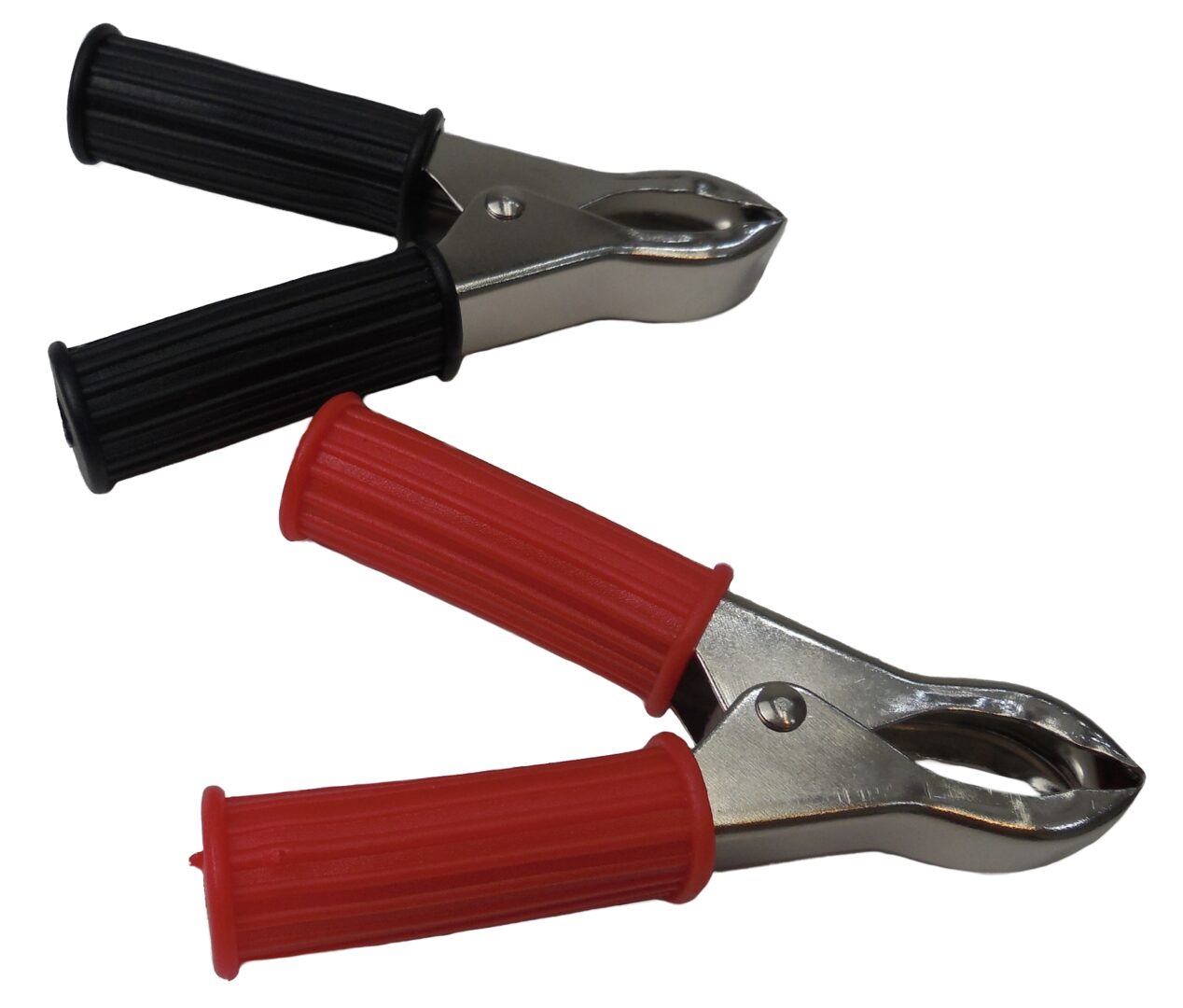 A pair of red and black battery clips on a white background.