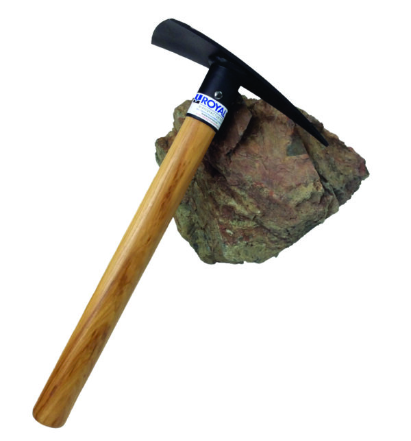 A Pick Royal 18-inch Gold Digger Metal detecting digging tool with a black handle on top of a rock.
