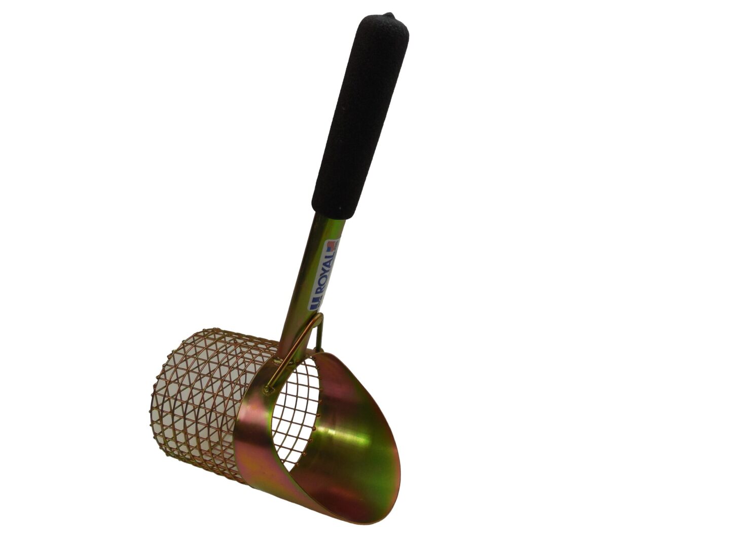 A Sand Scoop for Metal Detecting 15-inch long 5-inch diameter basket 7-1/2 deep with perforated bill with a handle on a white background.
