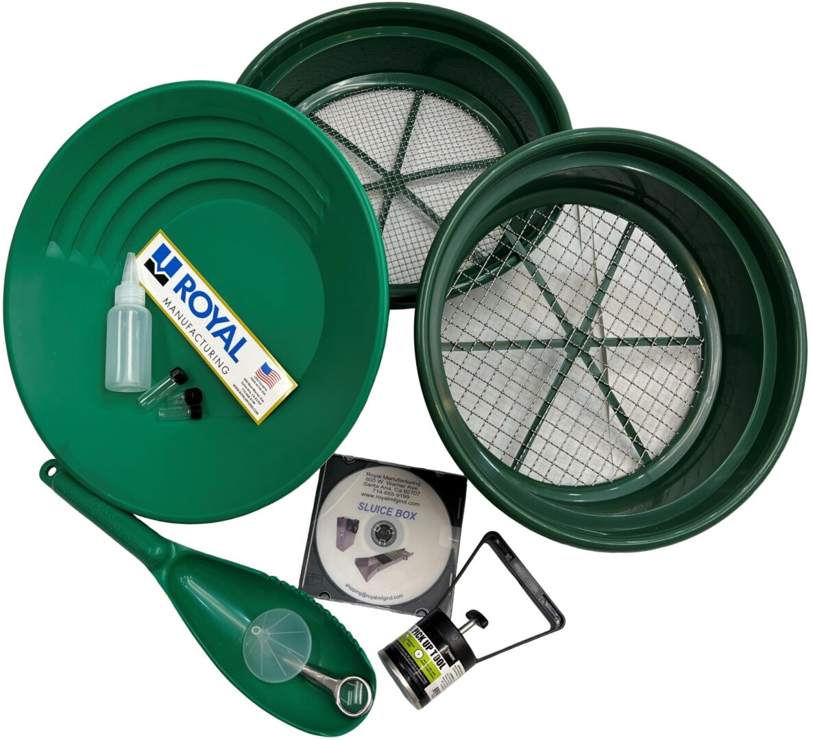 A green Royal Panning Kit with a sifter and other items.