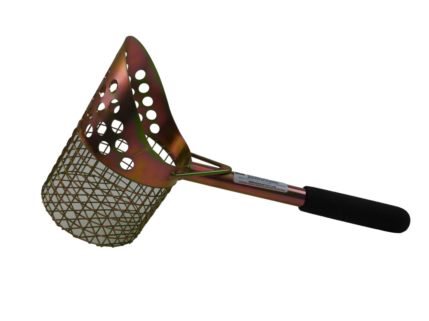 A Sand Scoop for Metal Detecting 15-inch long 5-inch diameter basket 7-1/2 deep with perforated bill with a black handle on a white background.