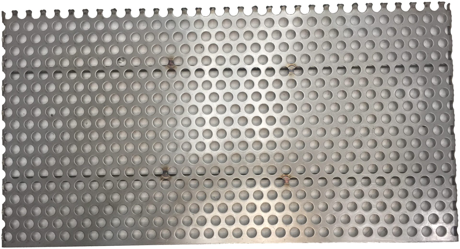 Stainless Steel Punch Plate with holes on a white background works with our 54 inch Dredge Ready Hopper Kit.