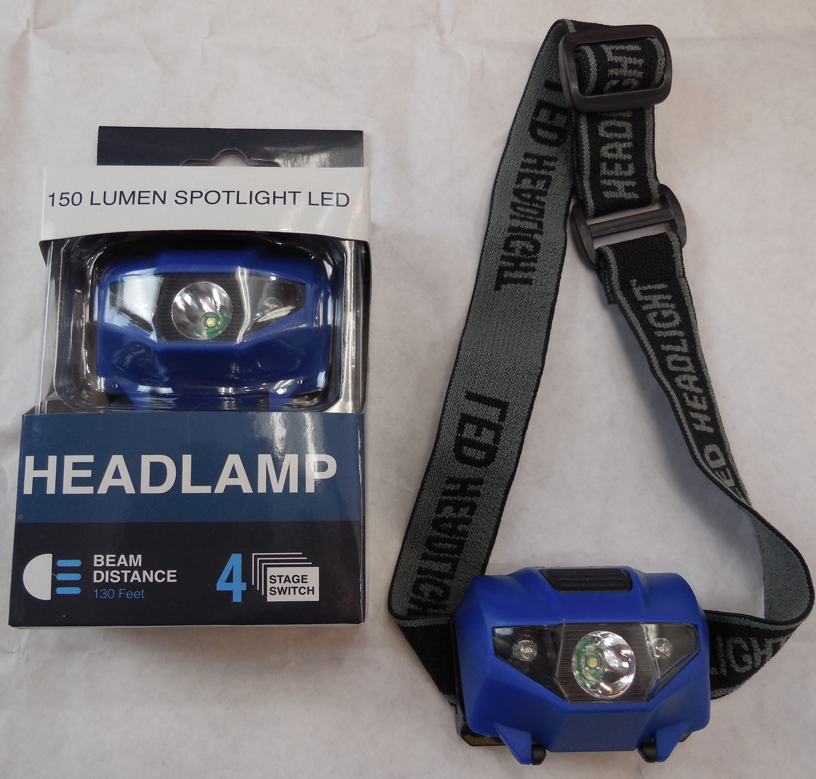 A LED head lamp with a blue strap.