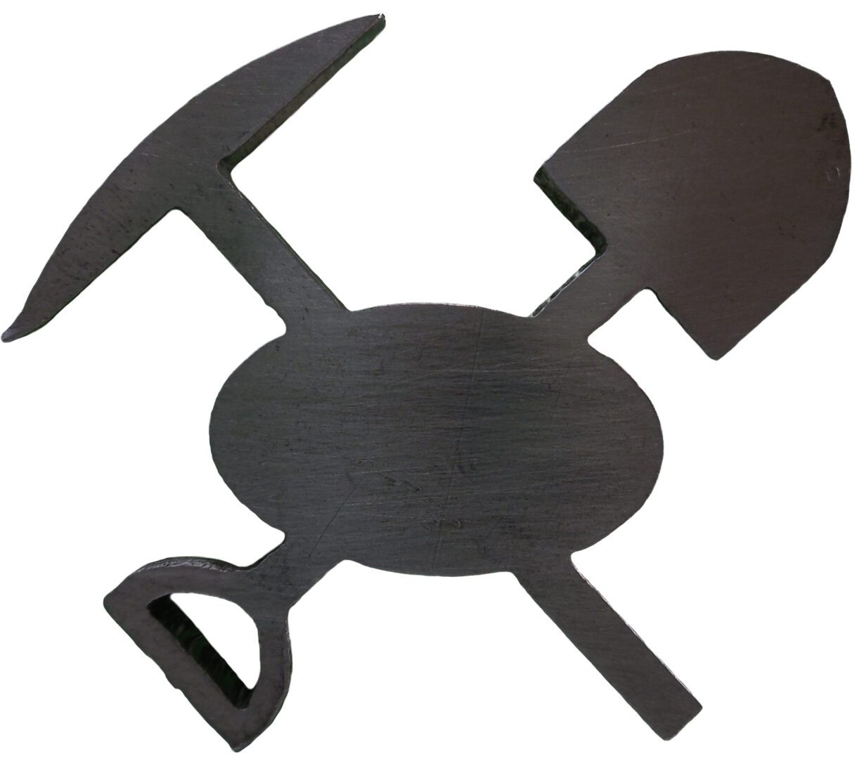 A black and white picture of a Branding Iron Pick Pan and Shovel.